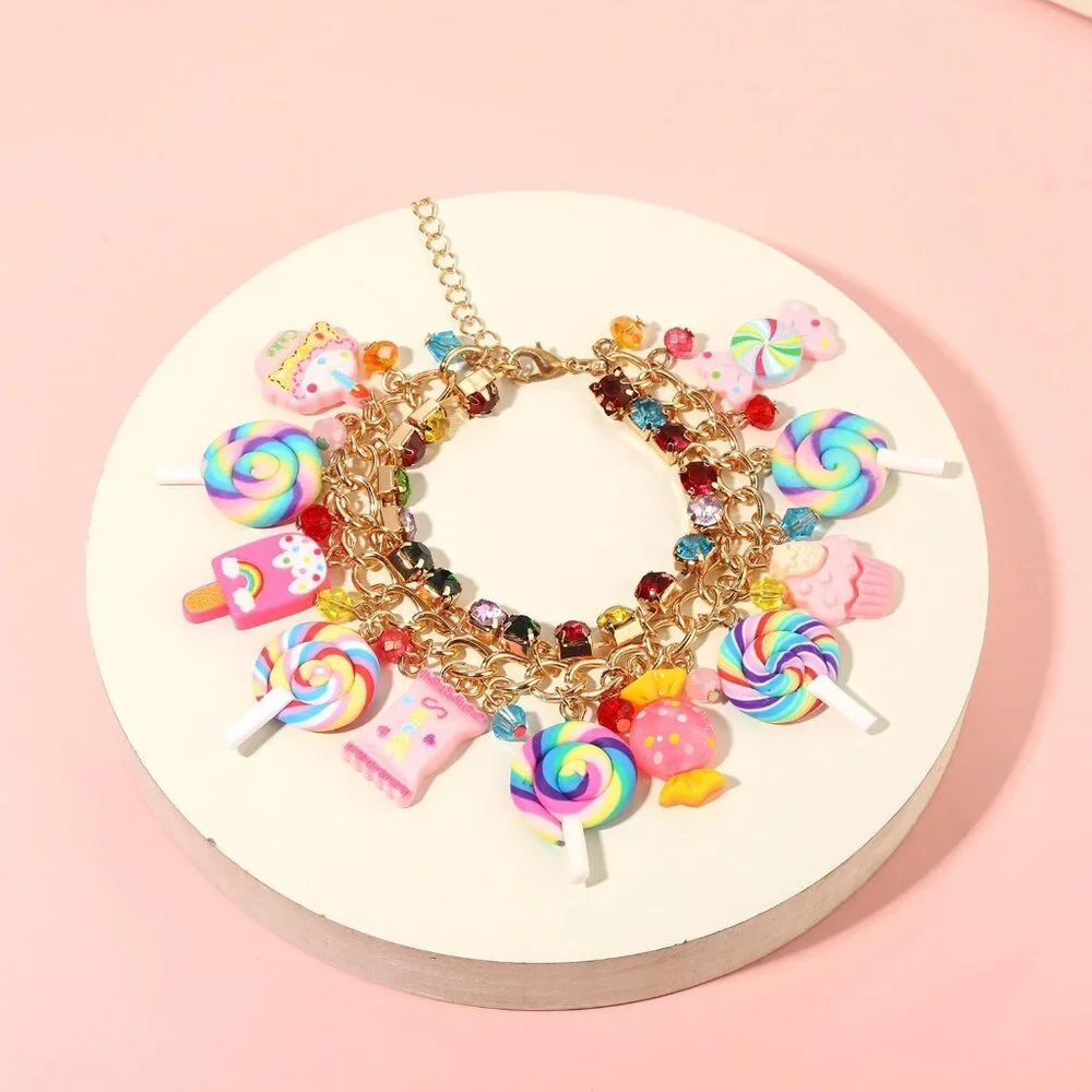 Candy Jewelry Set Alloy Crystal Lollipop Pendant Necklace Bangle for Women - Picture 4 of 6